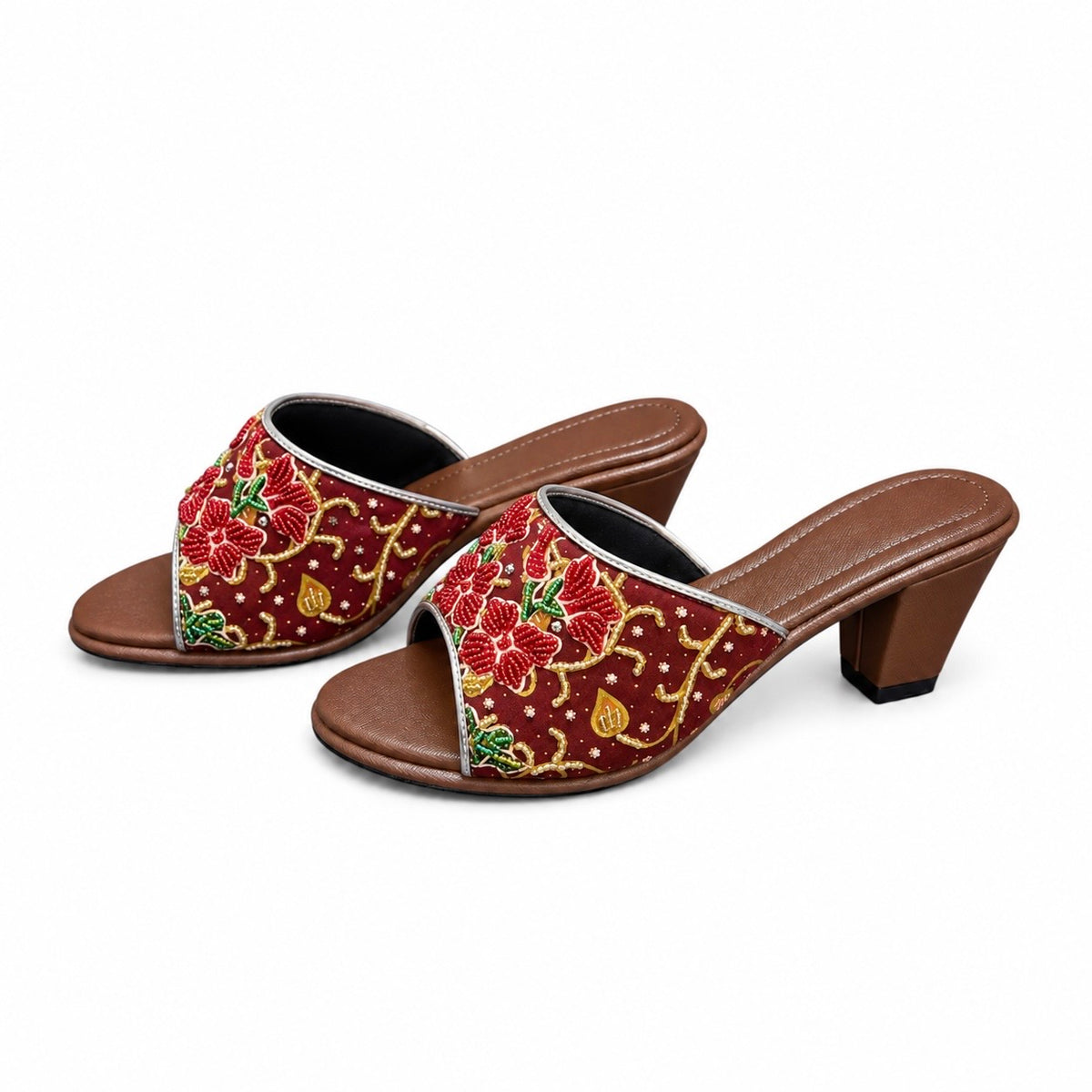(HBRN-ORRED) Brown Heels - Red Beaded Orchid