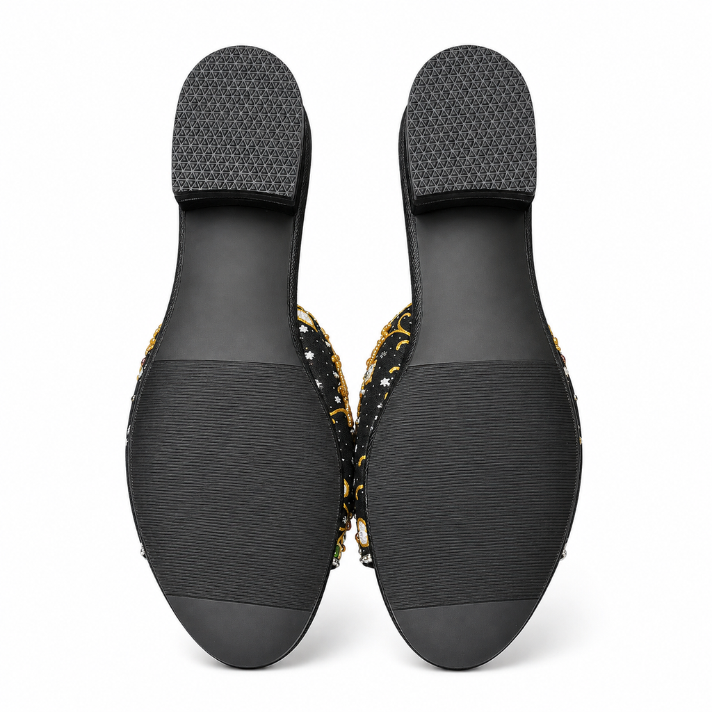(FBLK-ORPNK) Black Flats - Pink Beaded Orchid