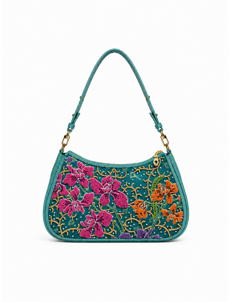 (SHBLSB-ORTURGRN-MAR) Orange Pink Orchid Turquoise Leather Shoulder Bag