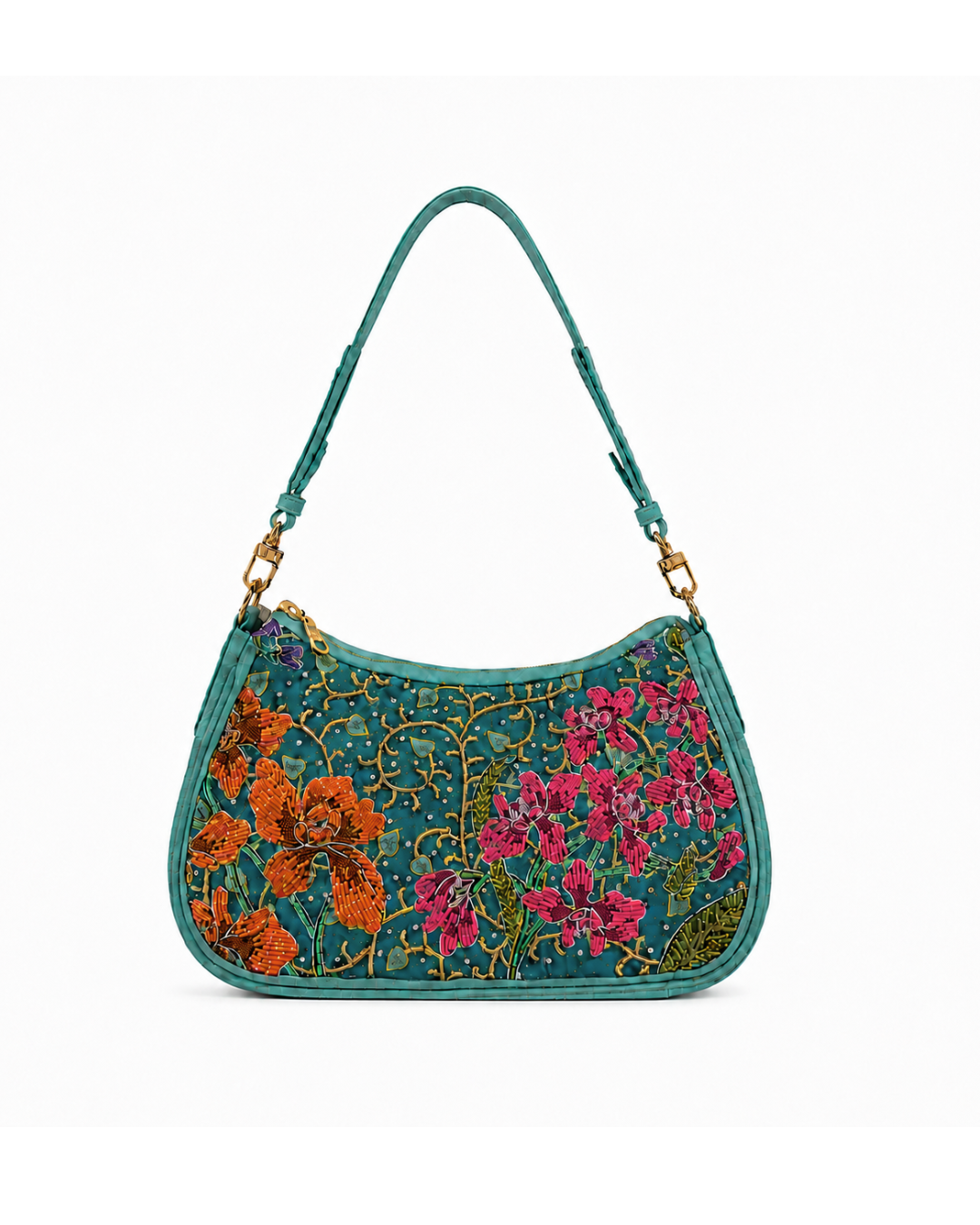 (SHBLSB-ORTURGRN-MAR) Orange Pink Orchid Turquoise Leather Shoulder Bag