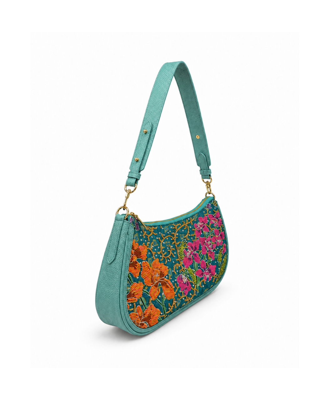 (SHBLSB-ORTURGRN-MAR) Orange Pink Orchid Turquoise Leather Shoulder Bag