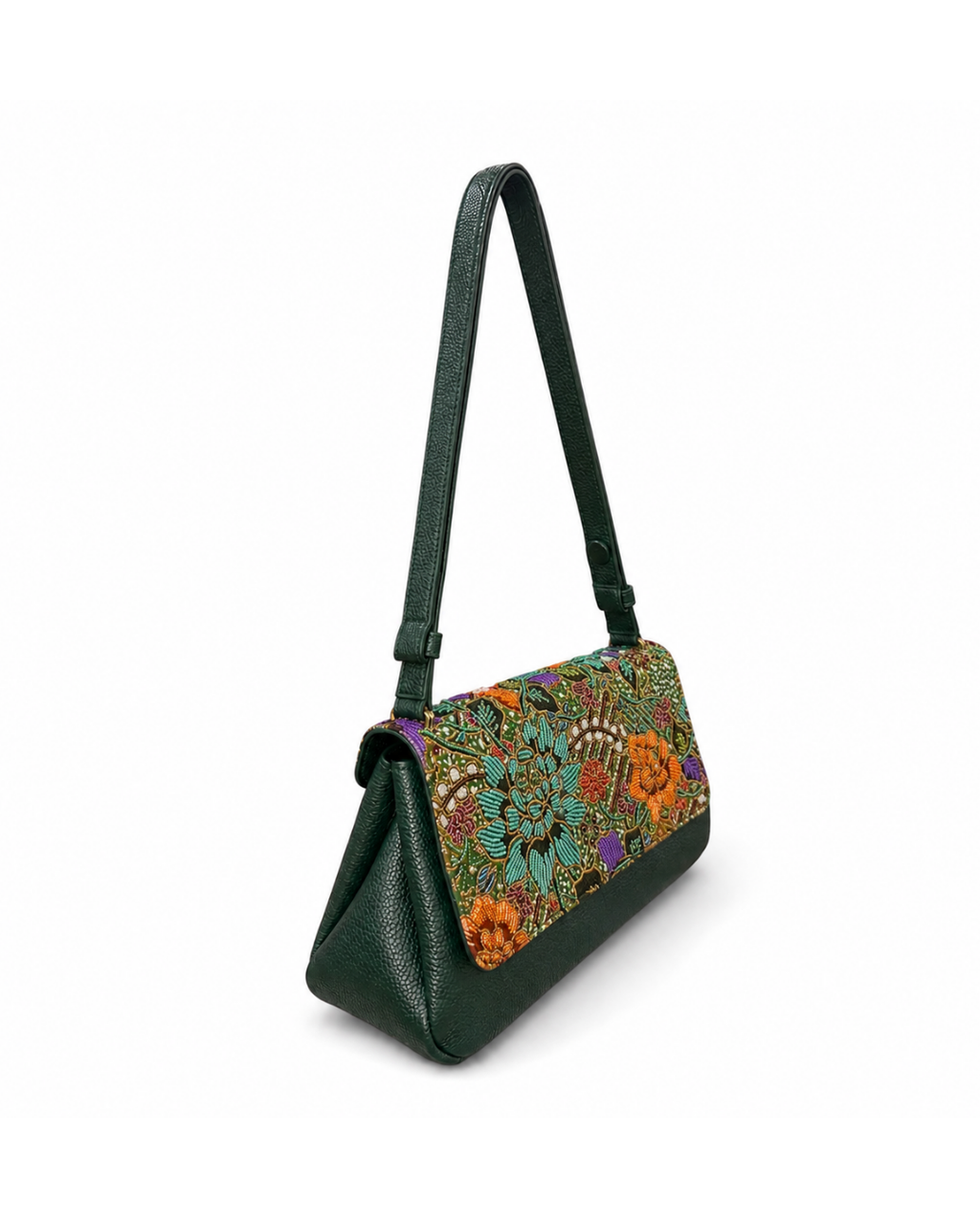(CBLGB-PFTURORG-GRN) Turquoise Orange Peony Flower Green Leather Gusset Shoulder & Crossbody Bag (Copy)
