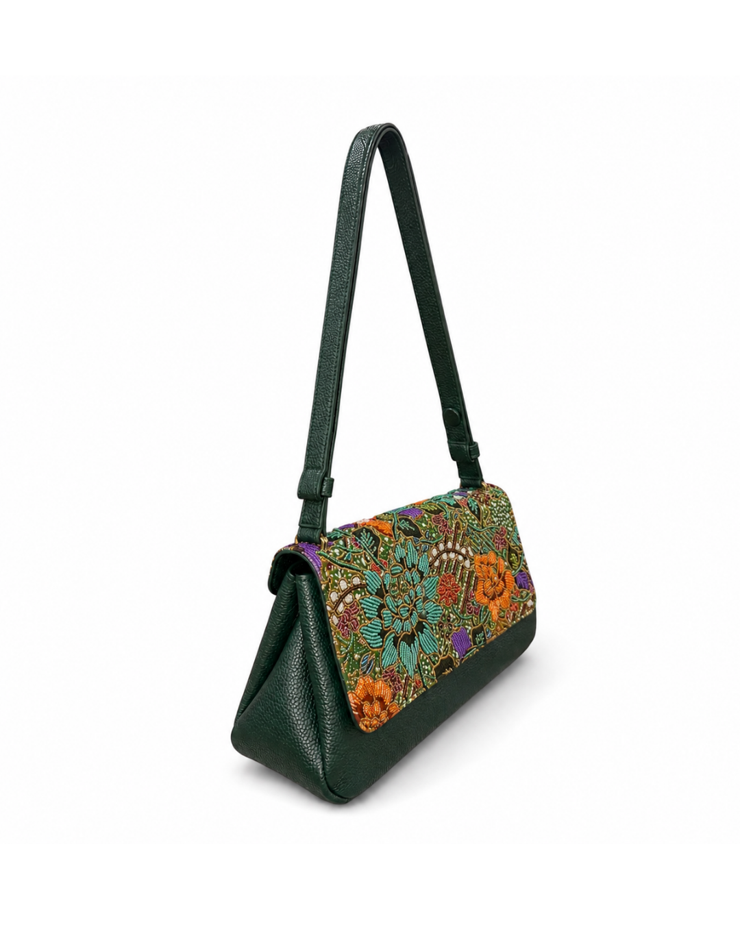 (CBLGB-PFTURORG-GRN) Turquoise Orange Peony Flower Green Leather Gusset Shoulder & Crossbody Bag (Copy)