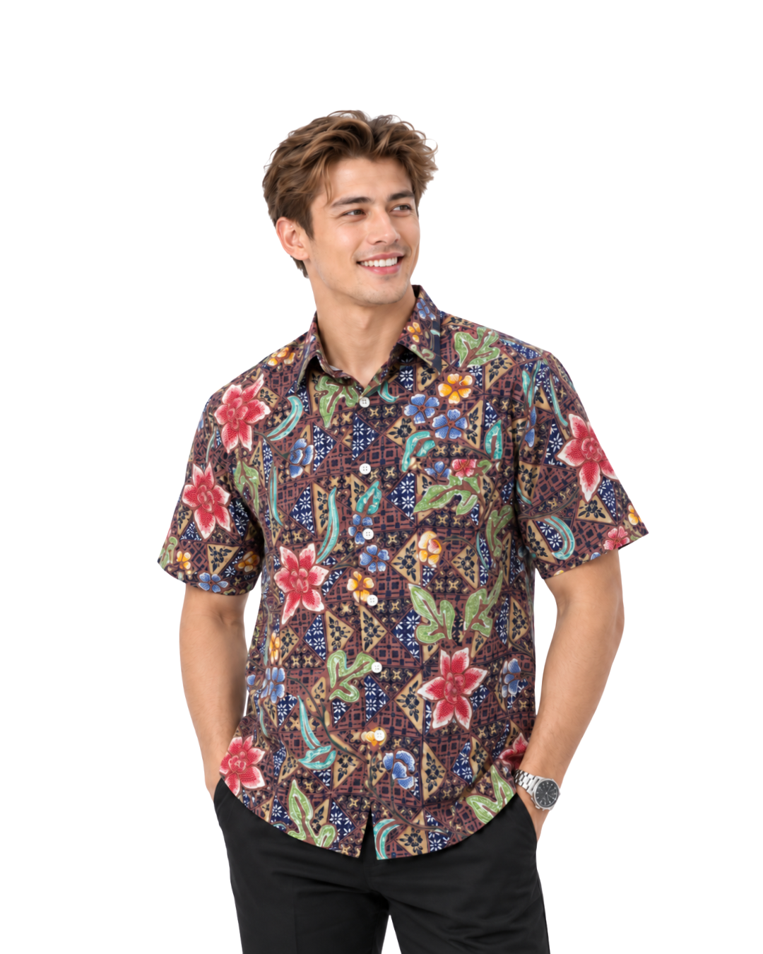 (SSPC-FL-NBR) Short Sleeve Pointed Collar Navy Brown Flower Batik Shirt