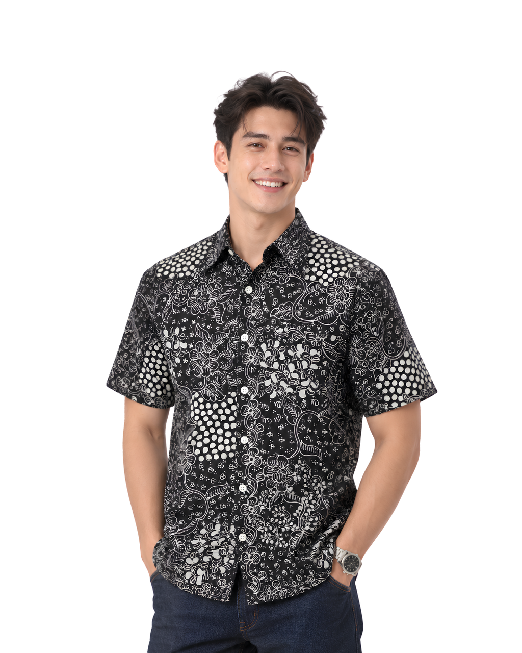 (SSPC-FIT-BLK) Short Sleeve Pointed Collar Black Floral Hand-Drawn Batik Shirt