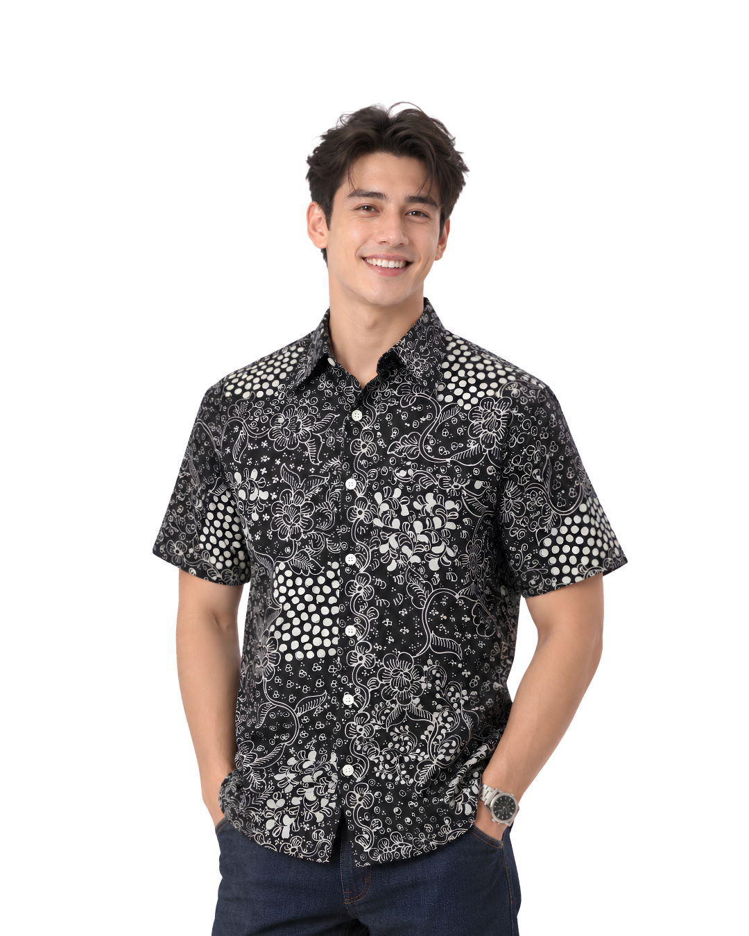(SSPC-FIT-BLK) Short Sleeve Pointed Collar Black Floral Hand-Drawn Batik Shirt