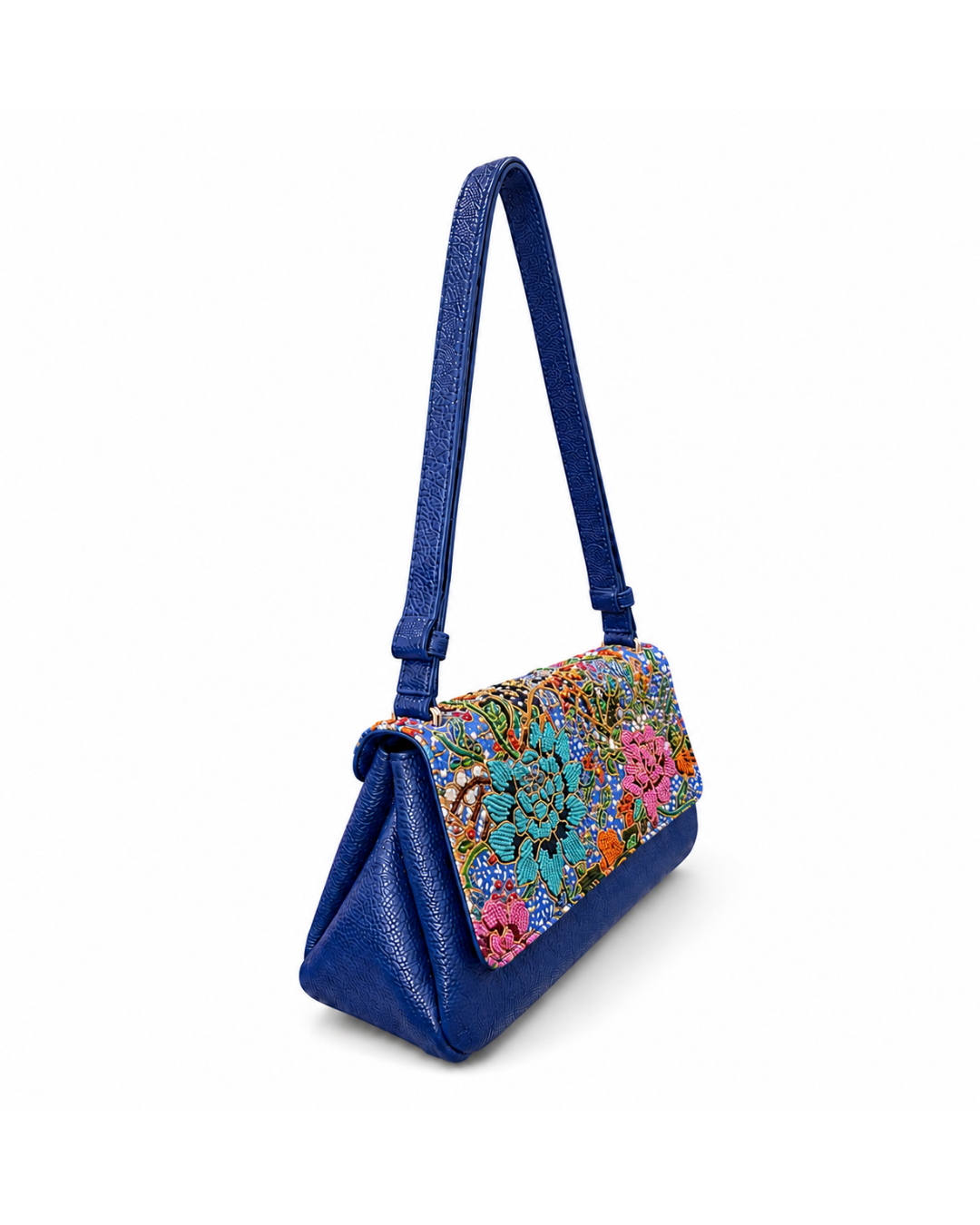 (CBLGB-PFTURPNK-BLU) Turquoise Pink Peony Flower Blue Leather Gusset Shoulder & Crossbody Bag