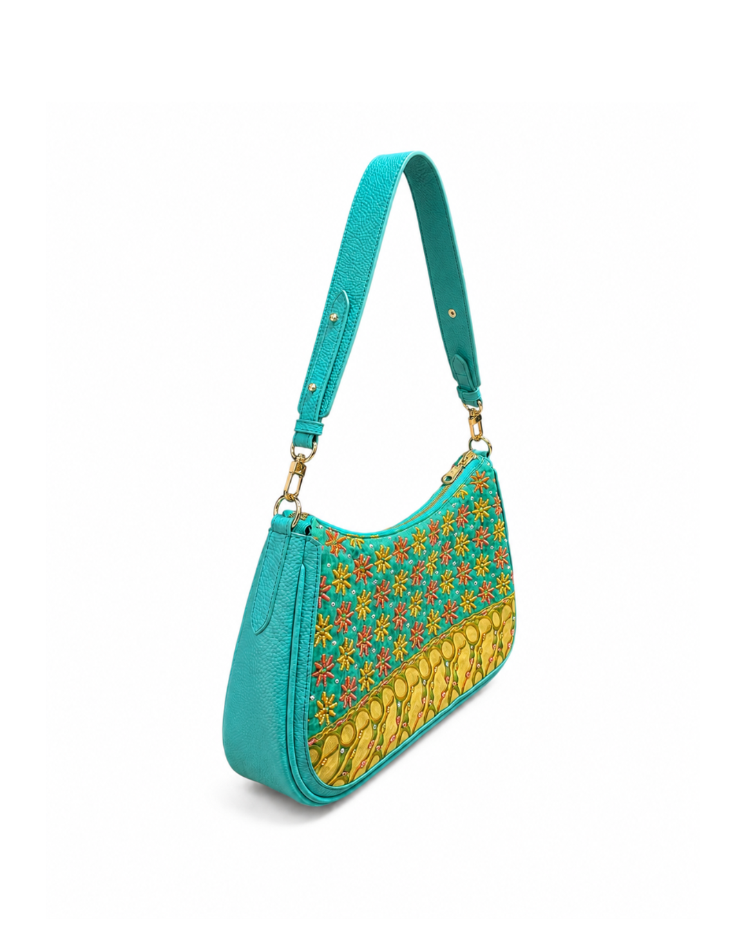 (SHBLSB-MD-TUR) Turquoise Mini Daisies Leather Shoulder Bag