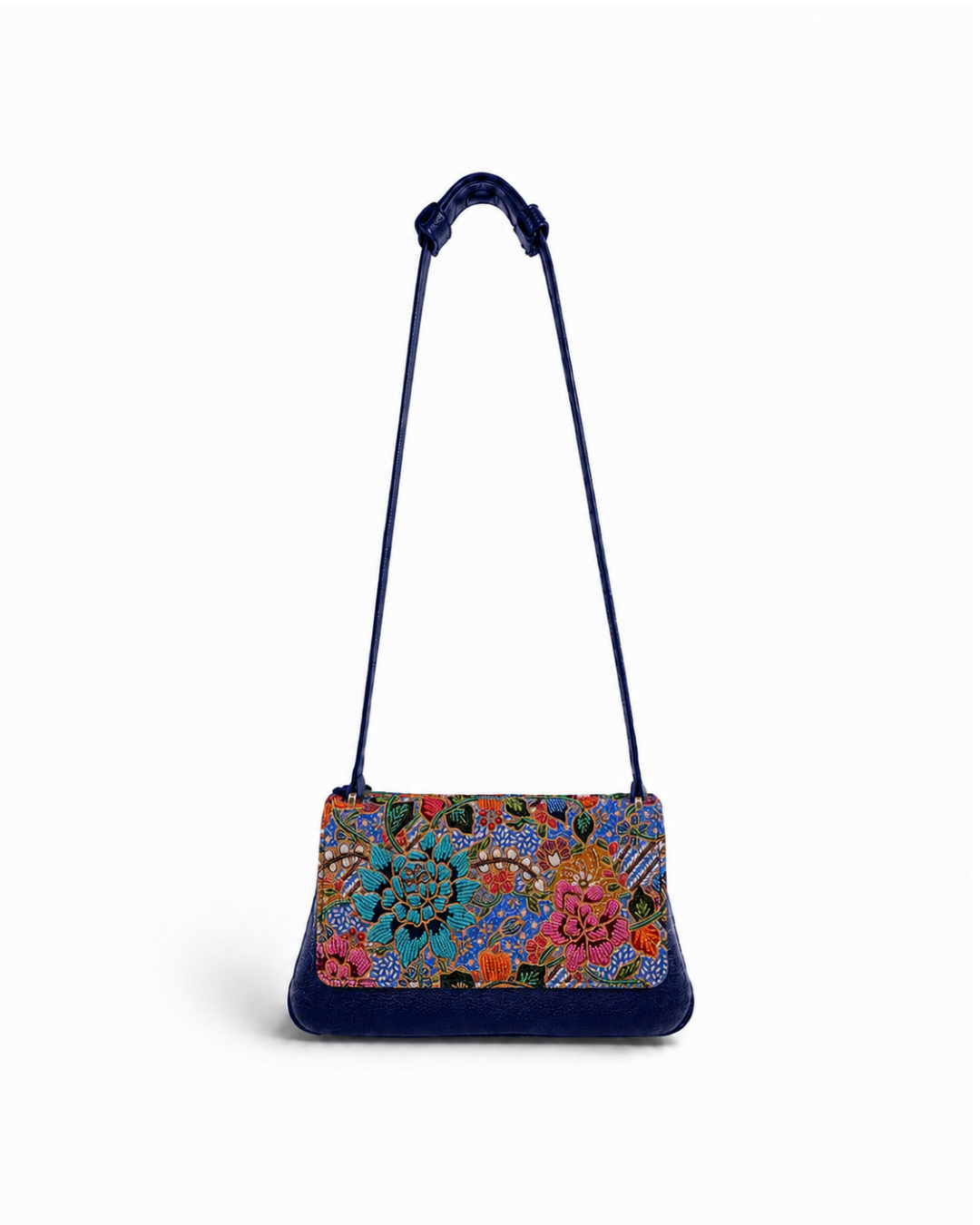 (CBLGB-PFTURPNK-BLU) Turquoise Pink Peony Flower Blue Leather Gusset Shoulder & Crossbody Bag