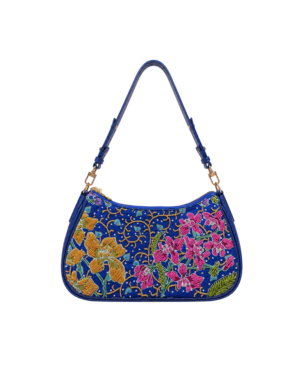 (SHBLSB-ORPNKYLW-BLU) Pink Yellow Orchid Blue Leather Shoulder Bag