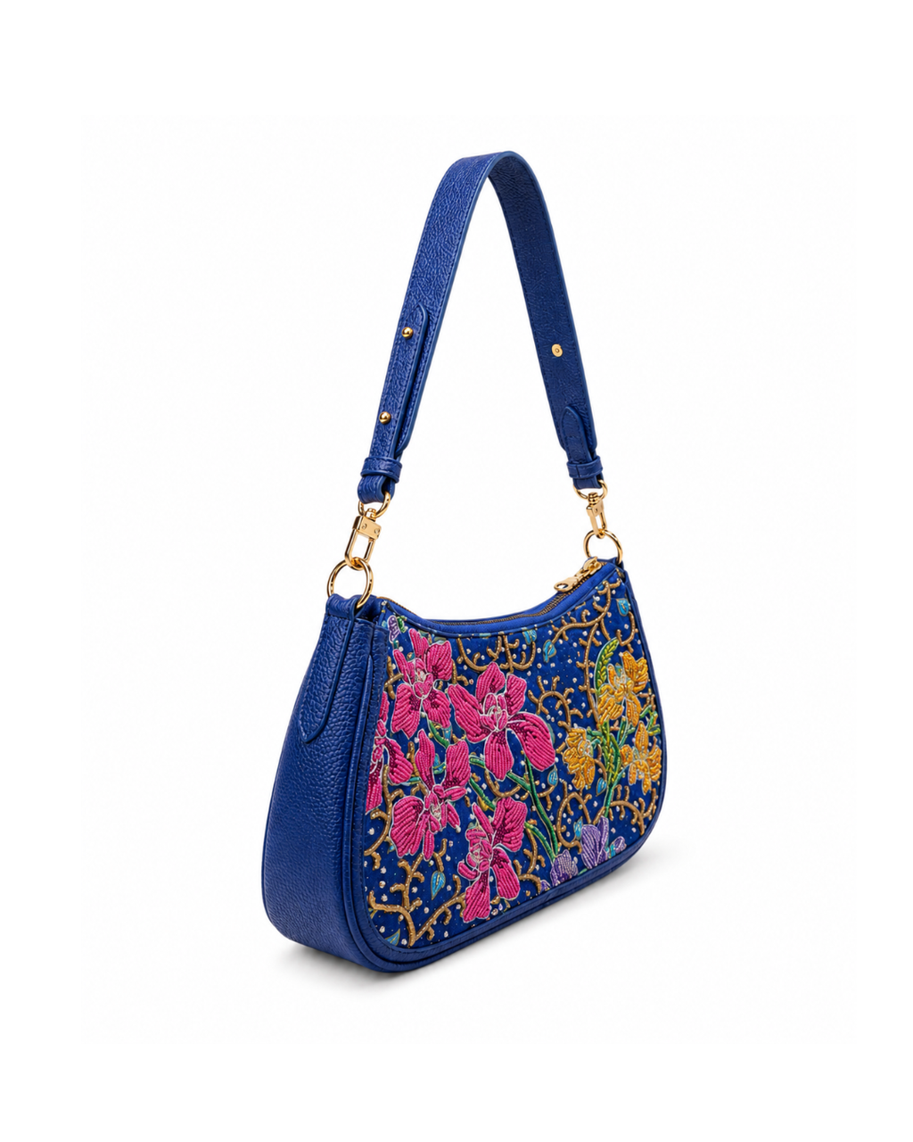 (SHBLSB-ORPNKYLW-BLU) Pink Yellow Orchid Blue Leather Shoulder Bag