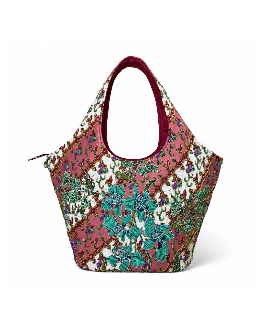 (TTCOTB-ORTURGRN-MAR) Turquoise Green Orchid Maroon Oval Tote Bag