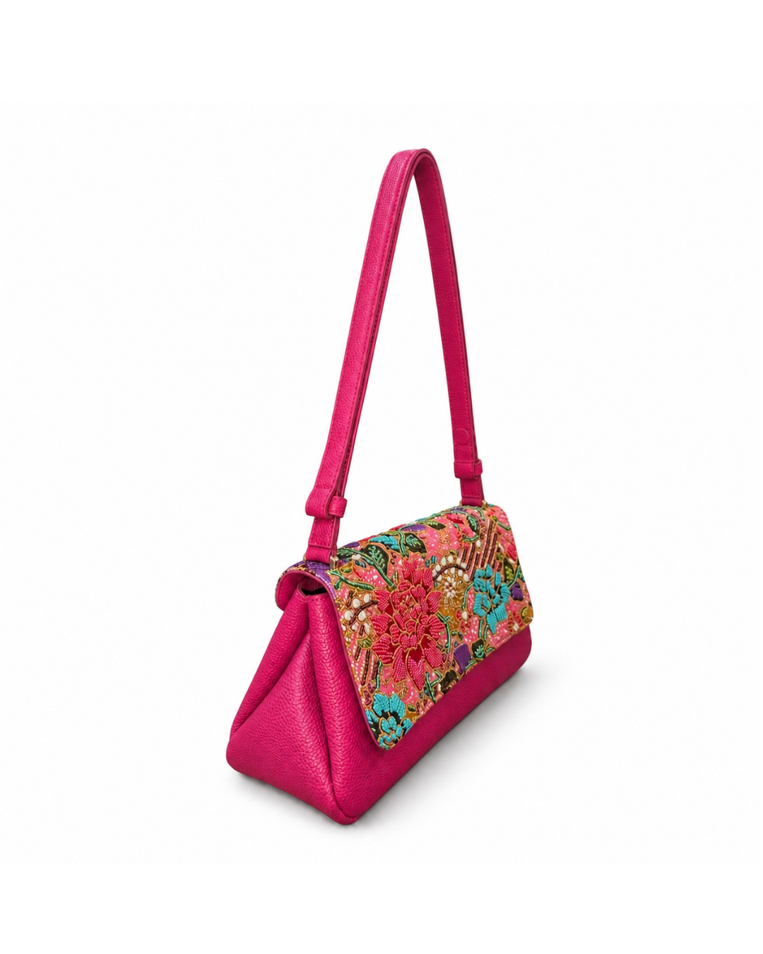 (CBLGB-PFPNKTUR-PNK) Pink Turquoise Peony Flower Pink Leather Gusset Shoulder & Crossbody Bag