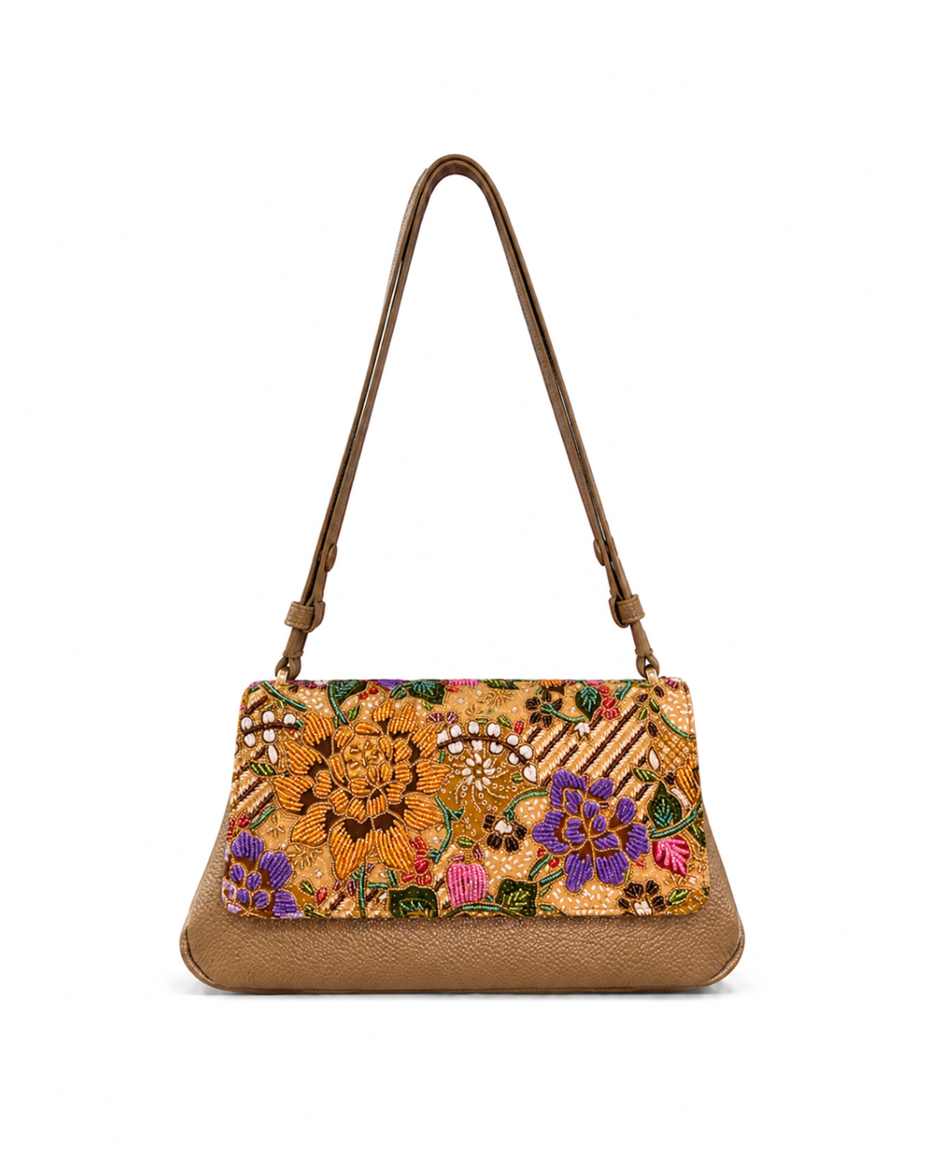 (CBLGB-PFYLWPUR-BEI) Yellow Purple Peony Flower Beige Leather Gusset Shoulder & Crossbody Bag