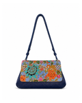 (CBLGB-PFTURORG-BLU) Turquoise Orange Peony Flower Blue Leather Gusset Shoulder & Crossbody Bag