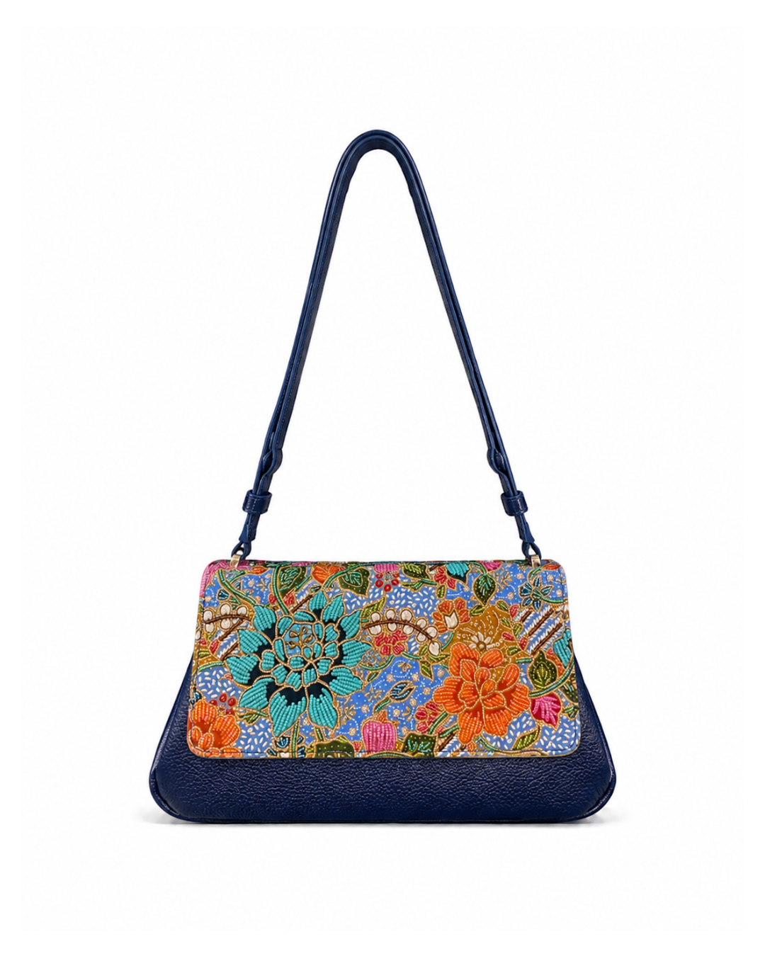 (CBLGB-PFTURORG-BLU) Turquoise Orange Peony Flower Blue Leather Gusset Shoulder & Crossbody Bag