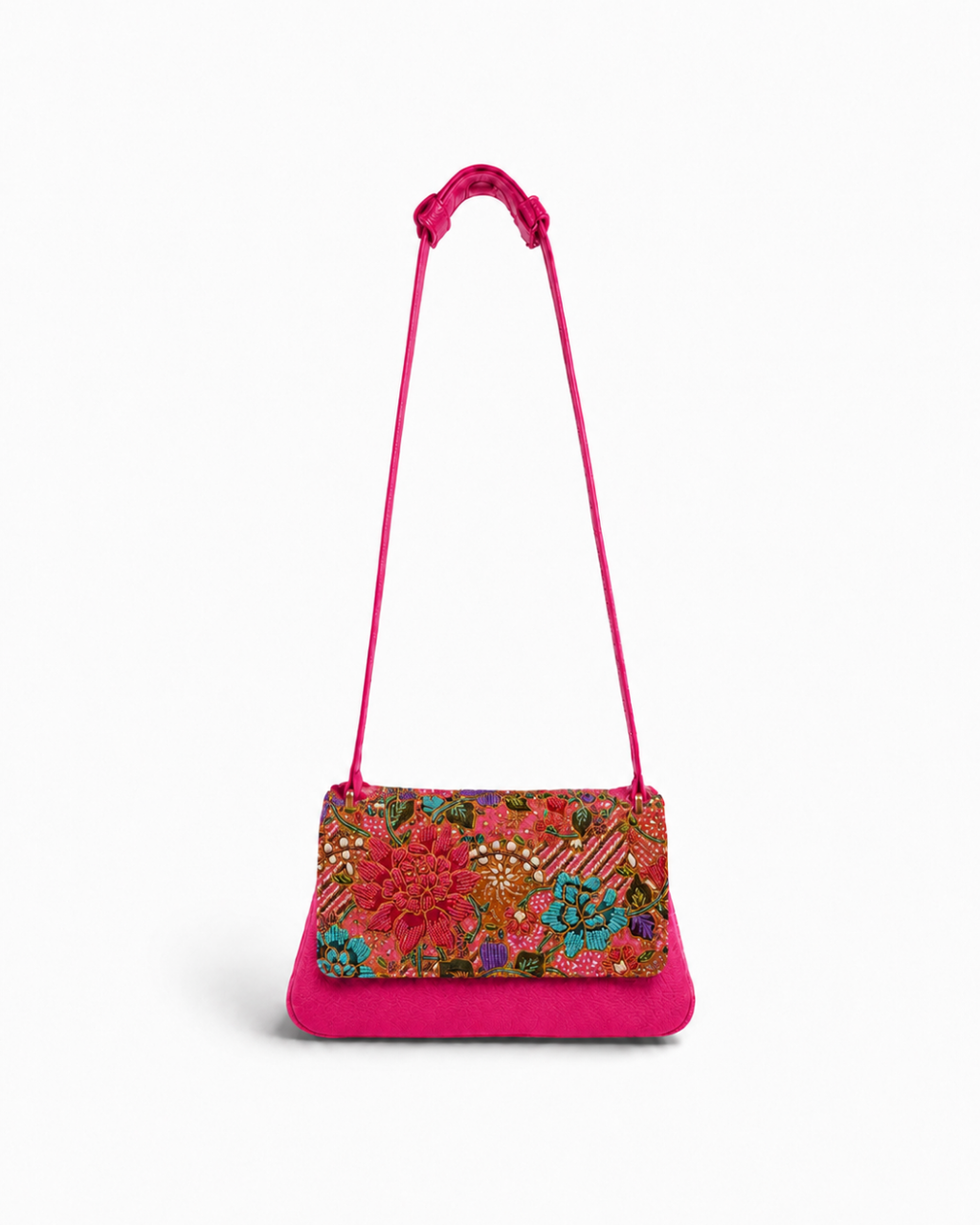 (CBLGB-PFPNKTUR-PNK) Pink Turquoise Peony Flower Pink Leather Gusset Shoulder & Crossbody Bag
