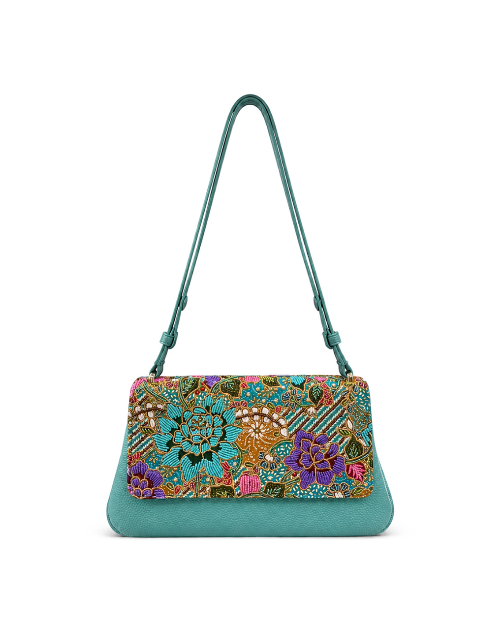 (CBLGB-PFTURPUR-TUR) Turquoise Purple Peony Flower Turquoise Leather Gusset Shoulder & Crossbody Bag