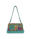 (CBLGB-PFTURPUR-TUR) Turquoise Purple Peony Flower Turquoise Leather Gusset Shoulder & Crossbody Bag