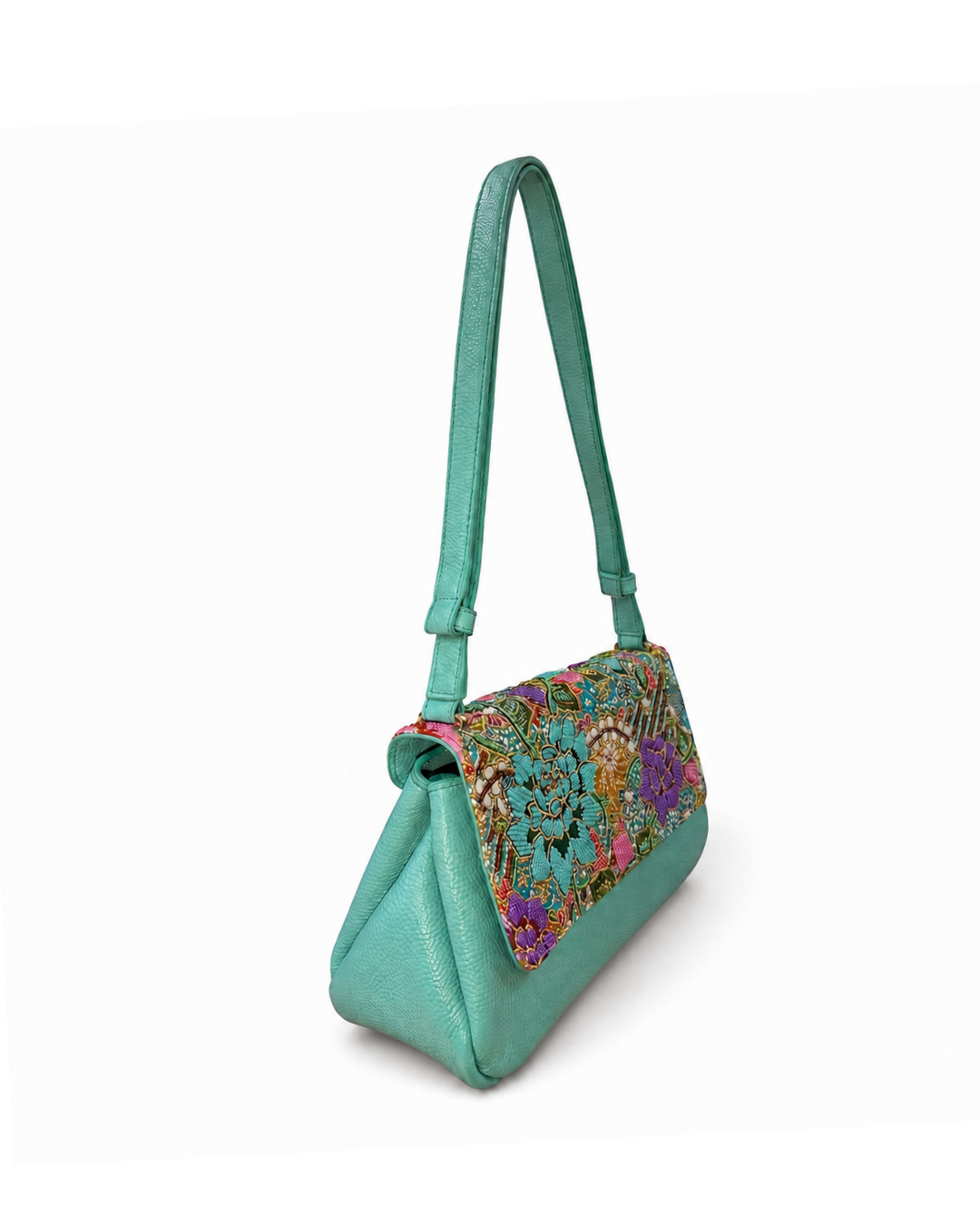 (CBLGB-PFTURPUR-TUR) Turquoise Purple Peony Flower Turquoise Leather Gusset Shoulder & Crossbody Bag