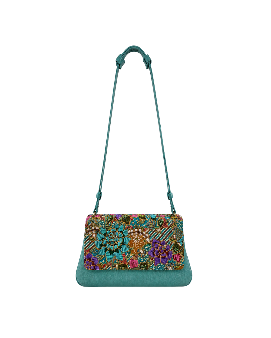 (CBLGB-PFTURPUR-TUR) Turquoise Purple Peony Flower Turquoise Leather Gusset Shoulder & Crossbody Bag