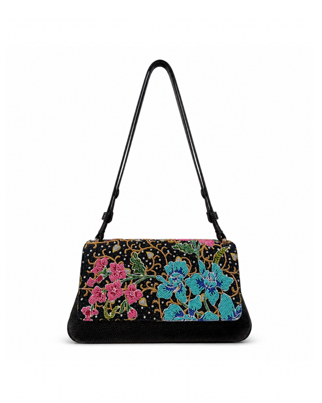(SHBLGB-BLK-ORTURPNK) Black Leather Gusset Shoulder & Crossbody Bag Turquoise Pink Orchid