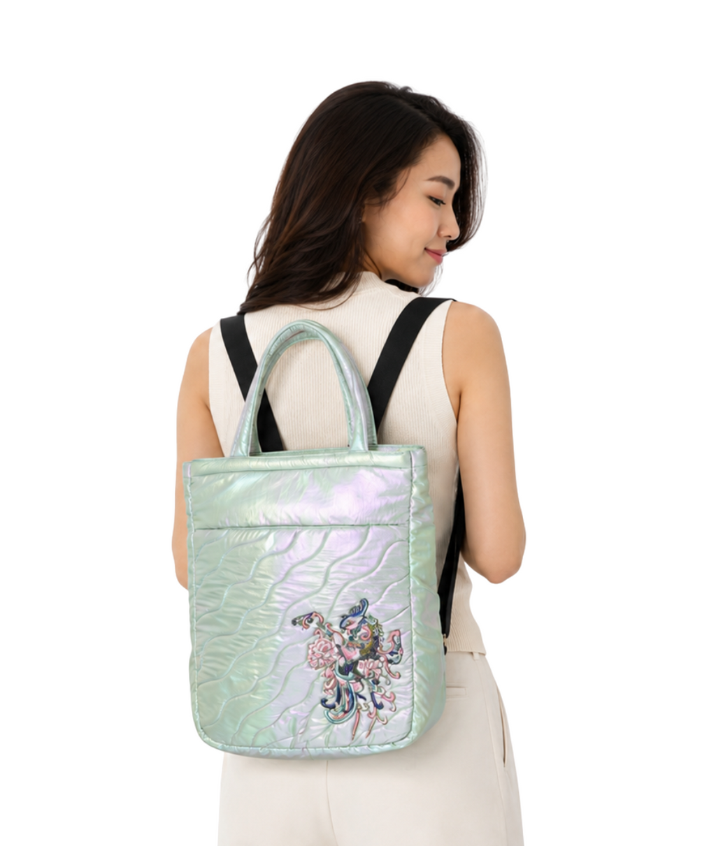 (LTBPELBP-PH-WPE) White Pearl Puffer Phoenix Embroidery Laptop Backpack