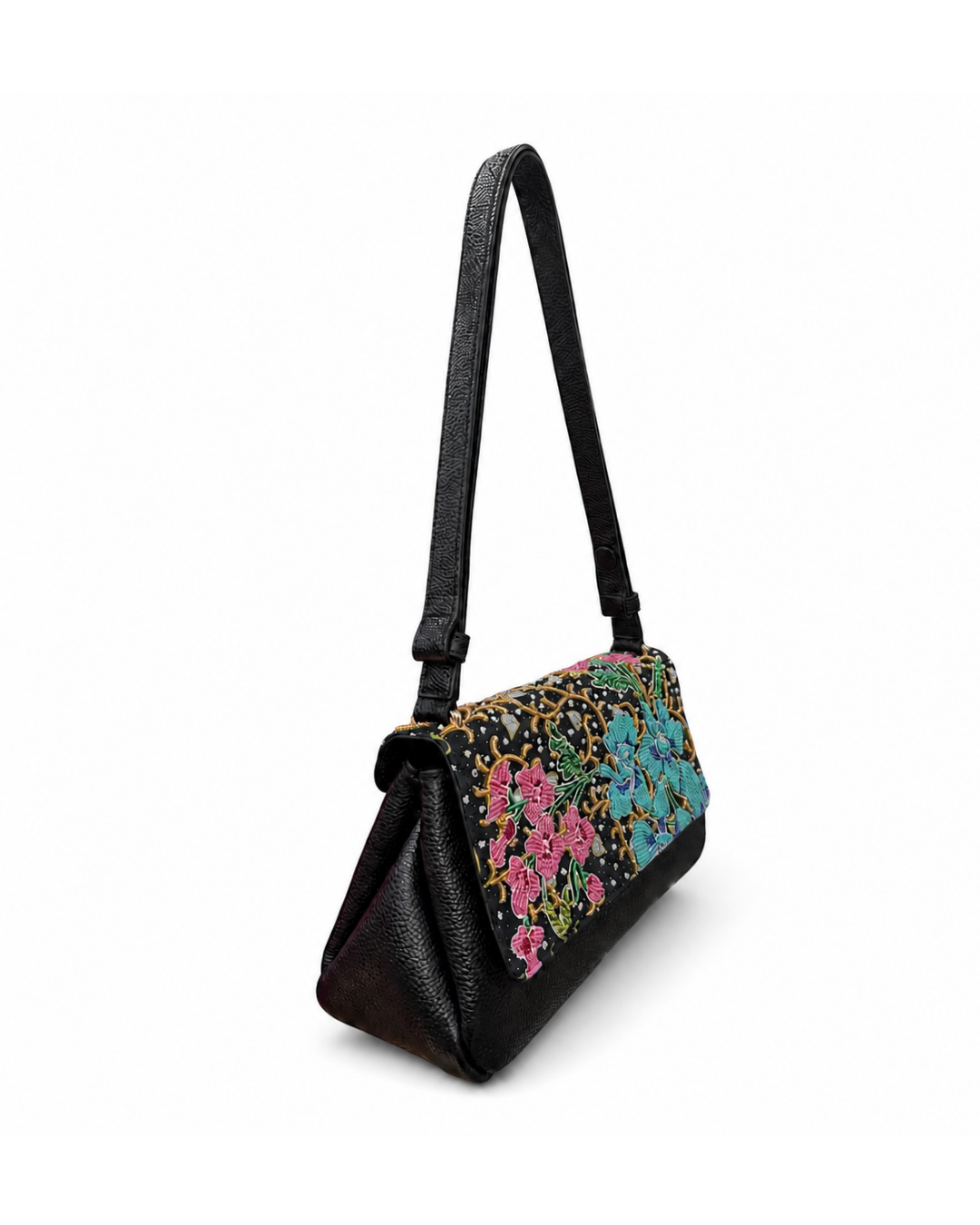(CBLGB-ORTURPNK-BLK) Turquoise Pink Orchid Black Leather Gusset Shoulder & Crossbody Bag