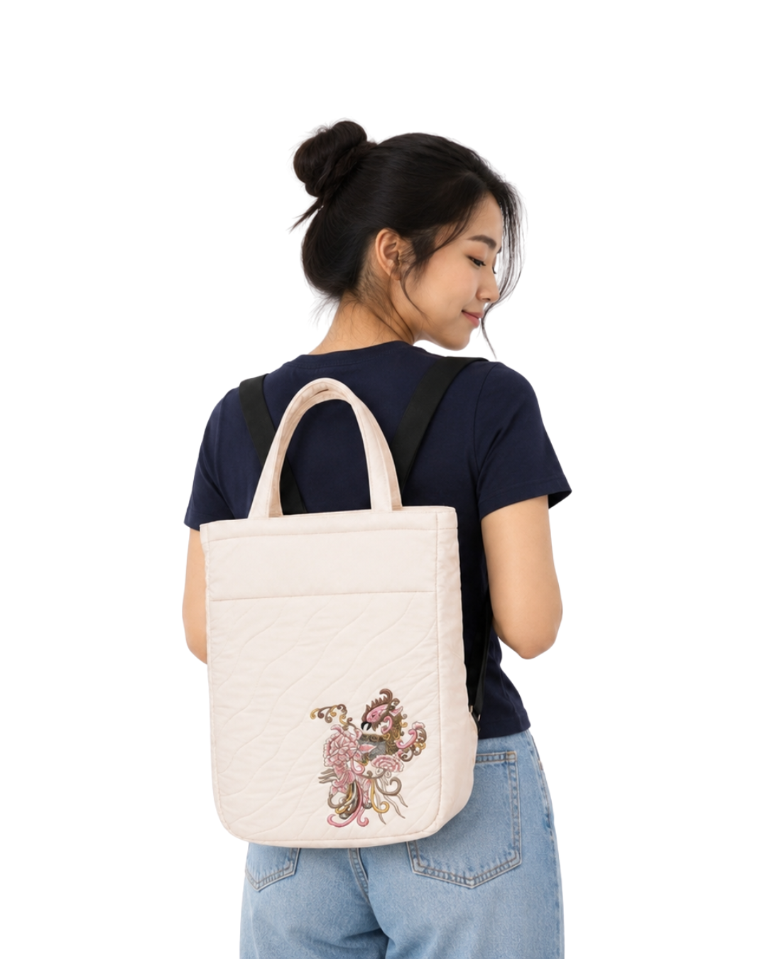 (LTBPELBP-PH-CRM) Cream Puffer Phoenix Embroidery Laptop Backpack