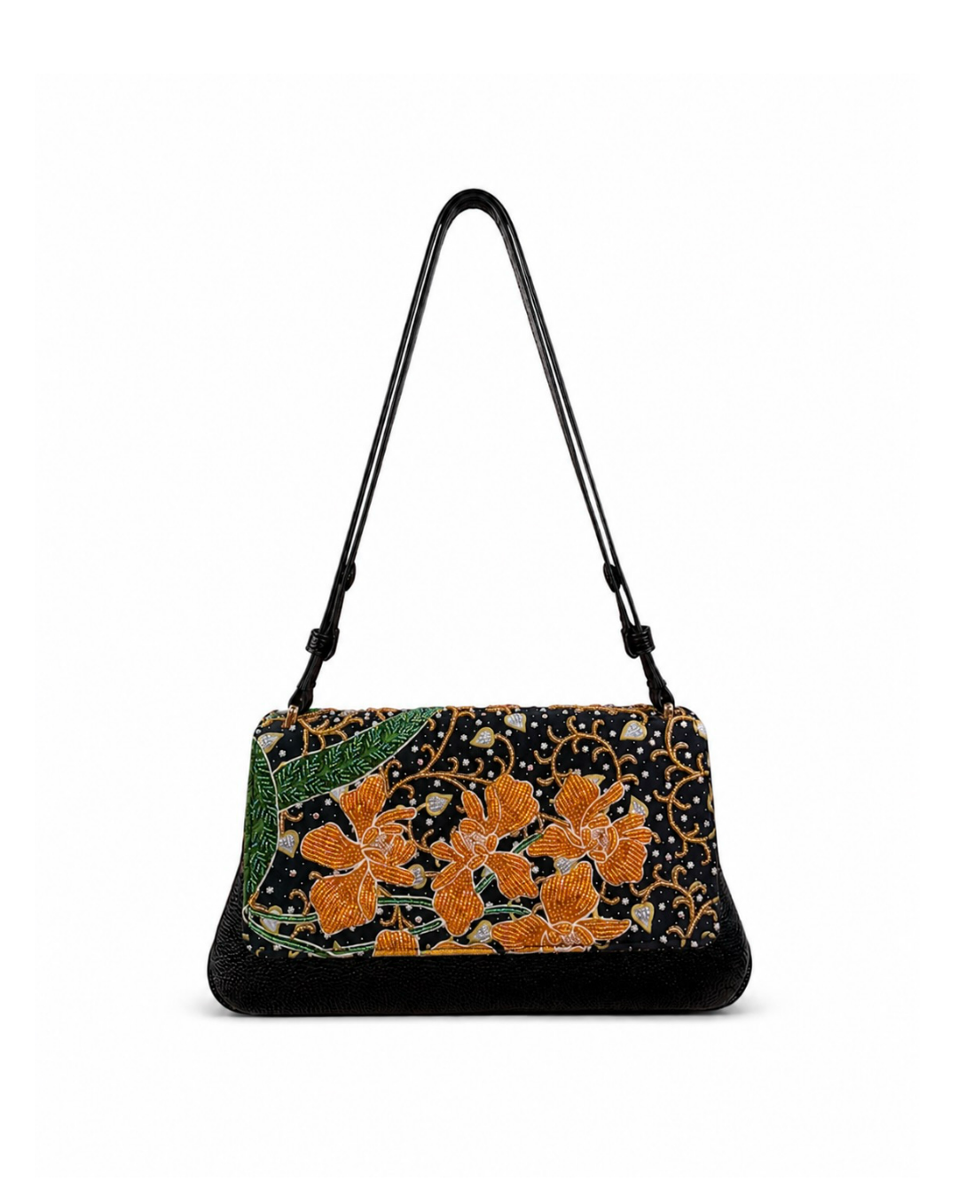 (CBLGB-ORYLW-BLK) Yellow Orchid Black Leather Gusset Shoulder & Crossbody Bag
