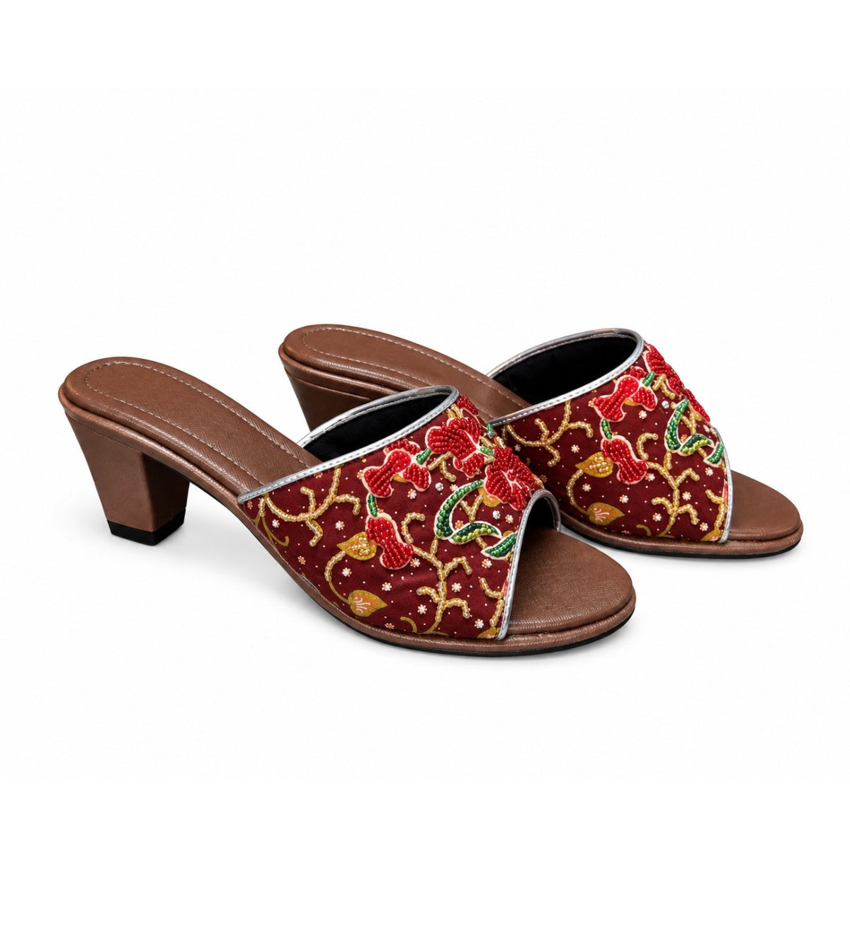 (HBRN-ORRED) Brown Heels - Red Beaded Orchid