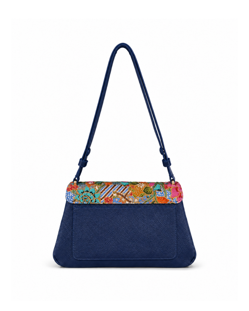 (CBLGB-PFTURORG-BLU) Turquoise Orange Peony Flower Blue Leather Gusset Shoulder & Crossbody Bag