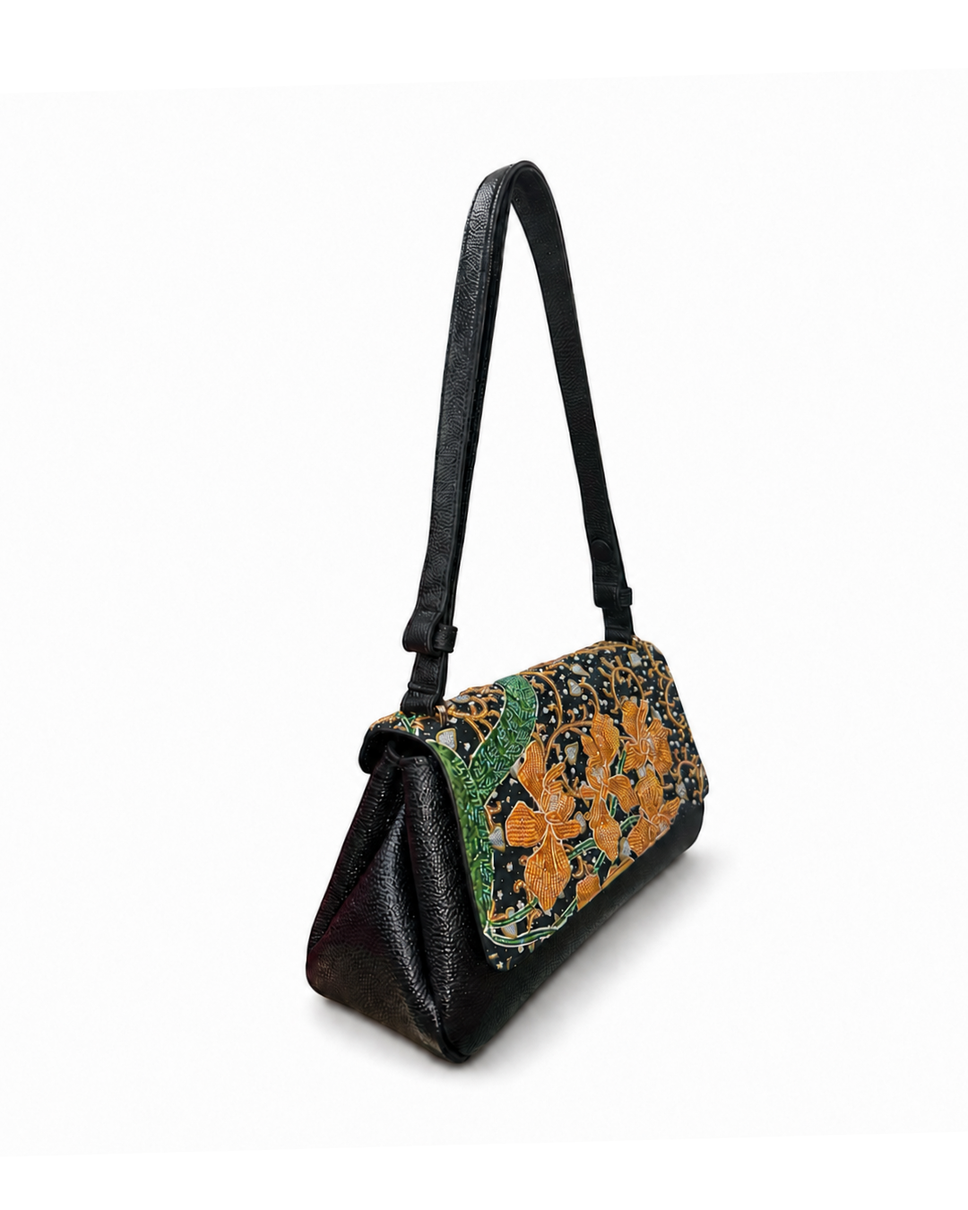 (CBLGB-ORYLW-BLK) Yellow Orchid Black Leather Gusset Shoulder & Crossbody Bag