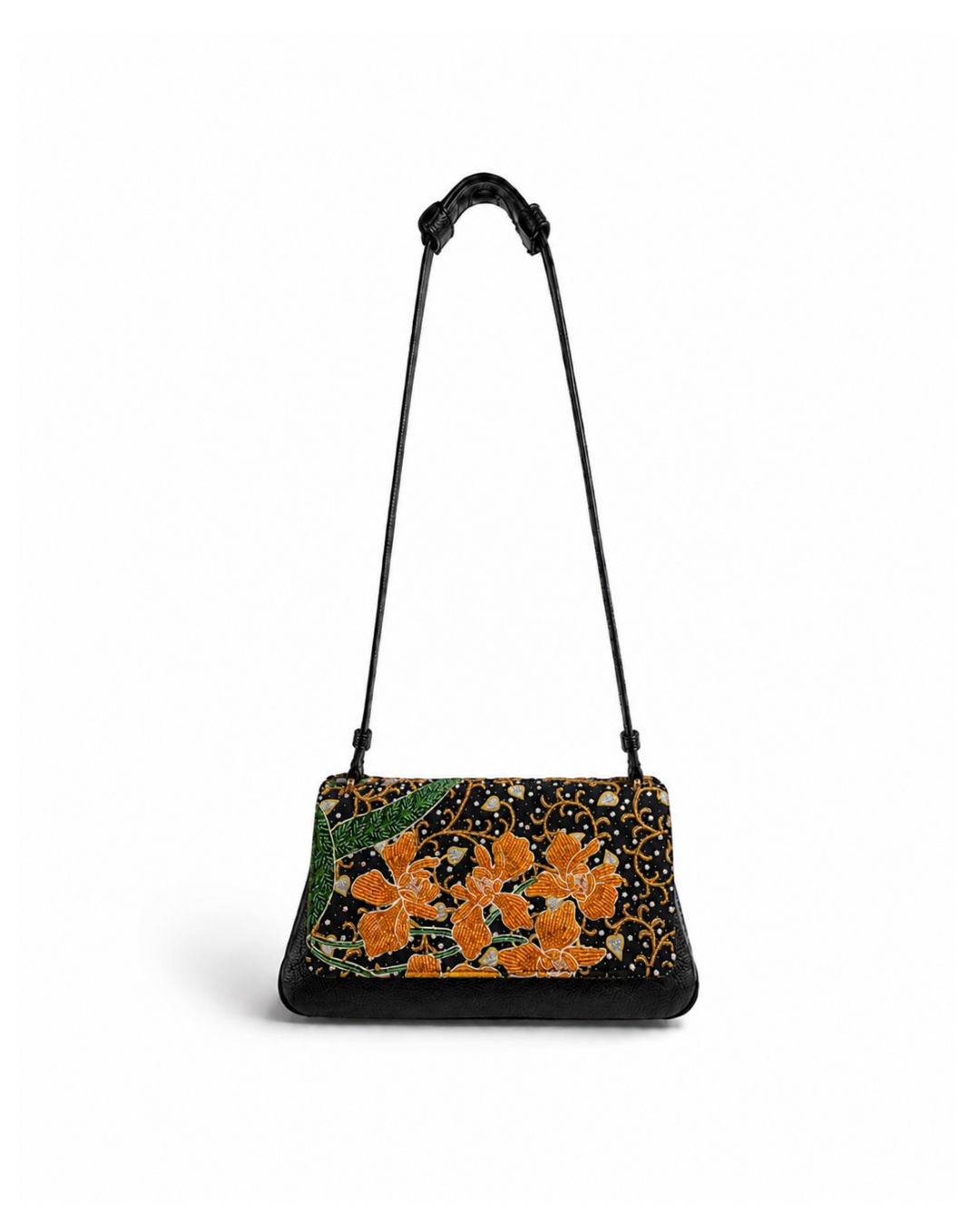(CBLGB-ORYLW-BLK) Yellow Orchid Black Leather Gusset Shoulder & Crossbody Bag