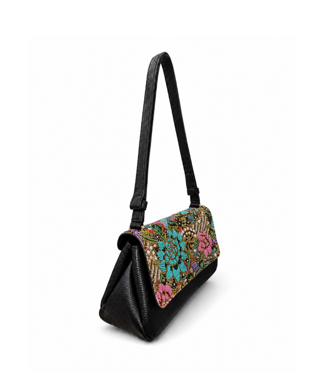 (CBLGB-PFTURPNK-BLK) Turquoise Pink Peony Flower Black Leather Gusset Shoulder & Crossbody Bag