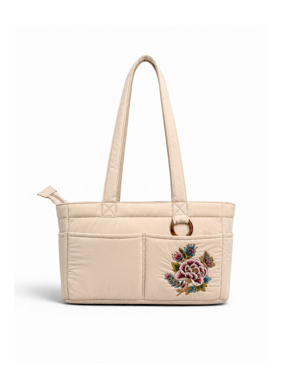 (TTCPEBB-PF-CRM) Cream Puffer Peony Flower Embroidery Boston Bag