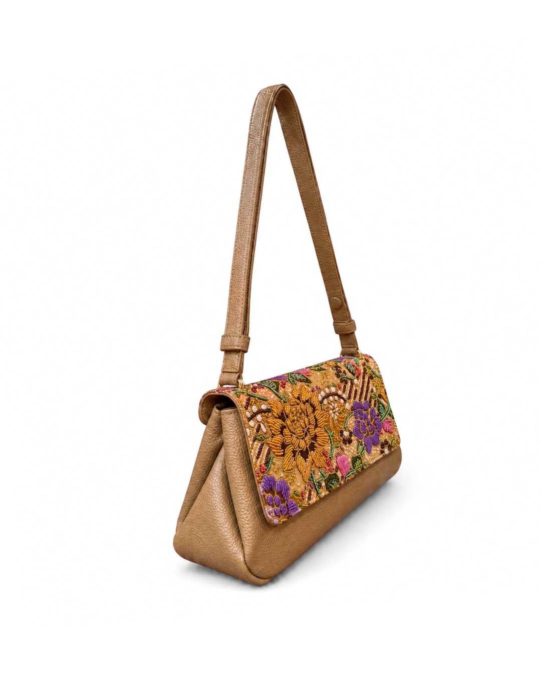 (CBLGB-PFYLWPUR-BEI) Yellow Purple Peony Flower Beige Leather Gusset Shoulder & Crossbody Bag