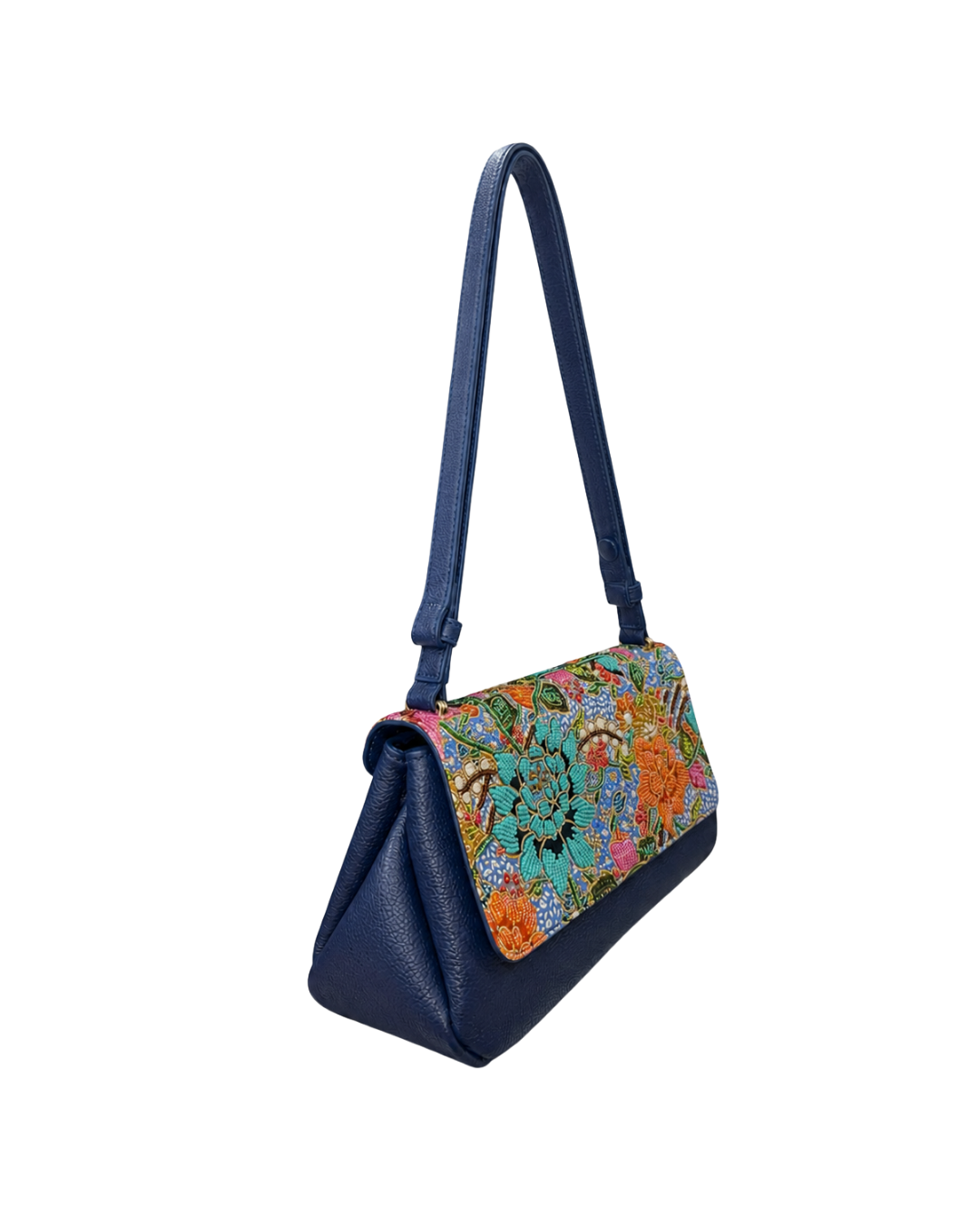 (CBLGB-PFTURORG-BLU) Turquoise Orange Peony Flower Blue Leather Gusset Shoulder & Crossbody Bag
