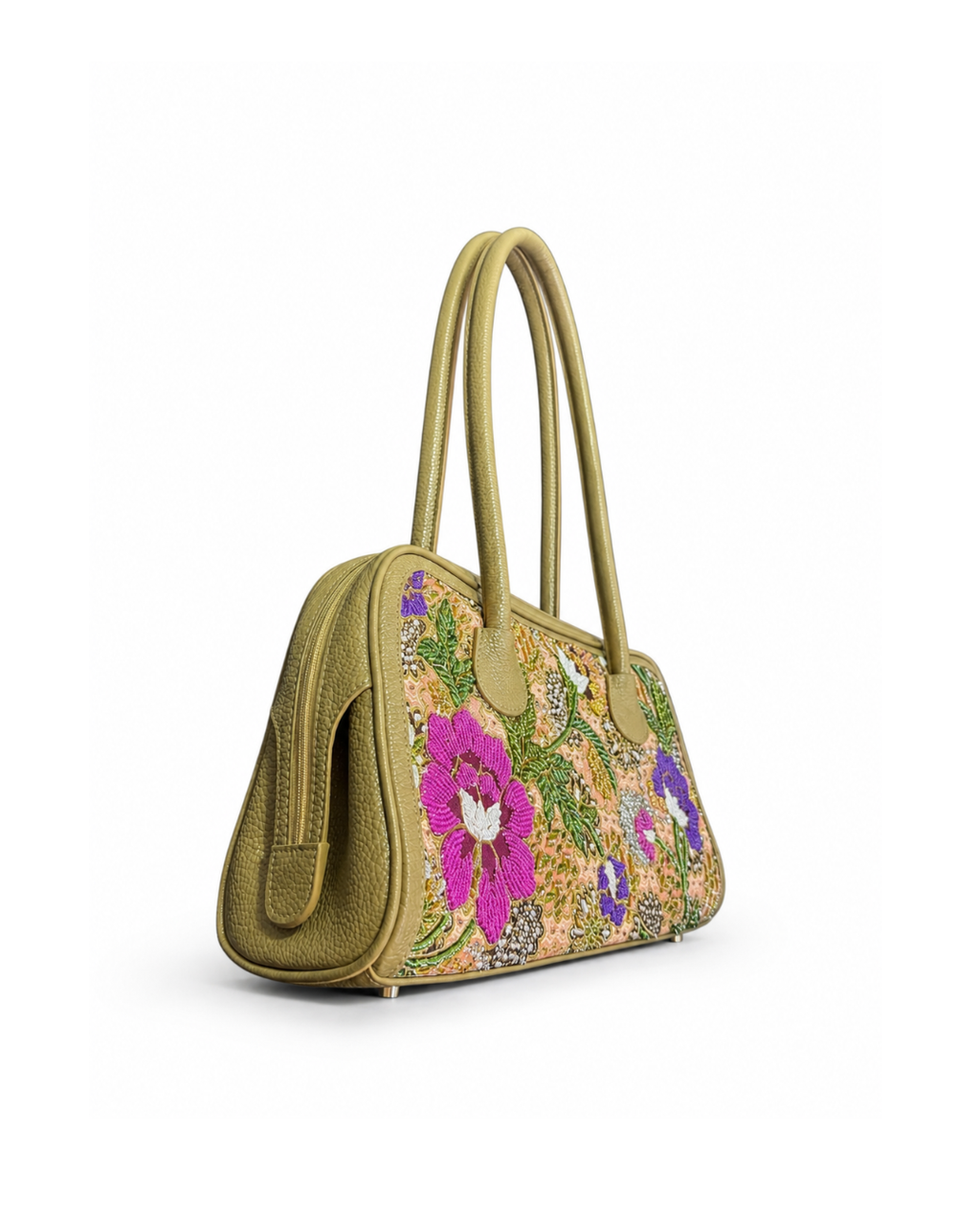 Beige Leather Boston Bag