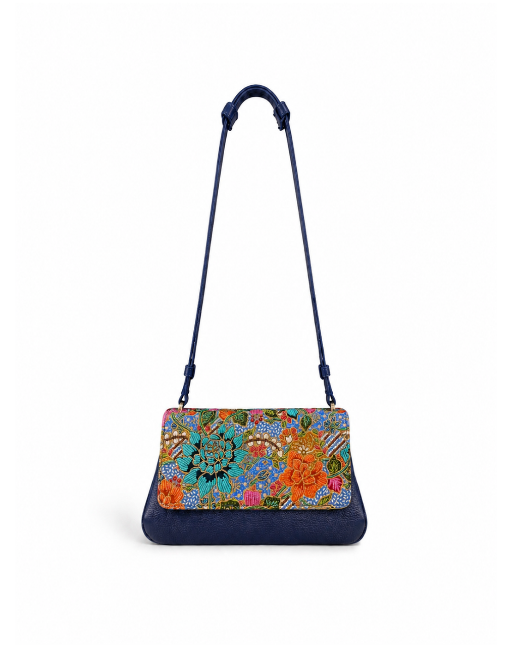 (CBLGB-PFTURORG-BLU) Turquoise Orange Peony Flower Blue Leather Gusset Shoulder & Crossbody Bag