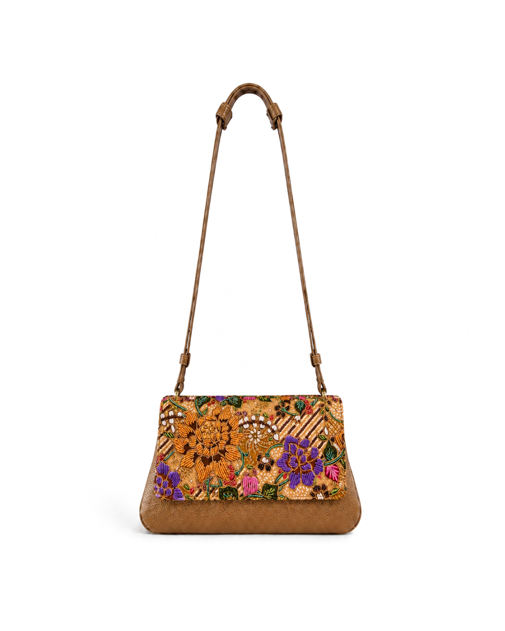(CBLGB-PFYLWPUR-BEI) Yellow Purple Peony Flower Beige Leather Gusset Shoulder & Crossbody Bag