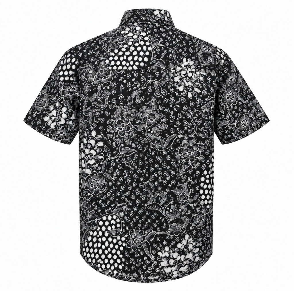 (SSPC-FIT-BLK) Short Sleeve Pointed Collar Black Floral Hand-Drawn Batik Shirt