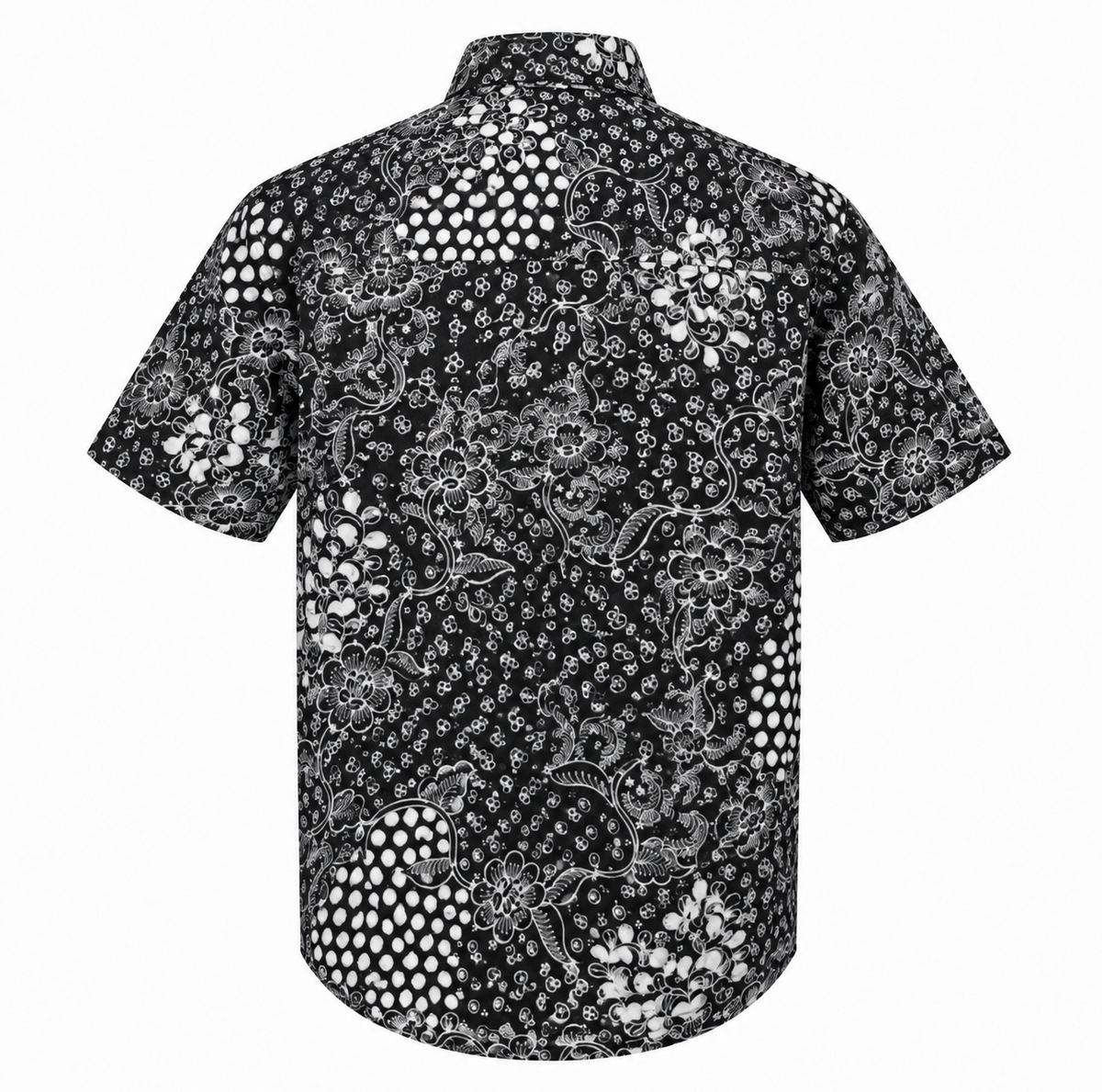 (SSPC-FIT-BLK) Short Sleeve Pointed Collar Black Floral Hand-Drawn Batik Shirt