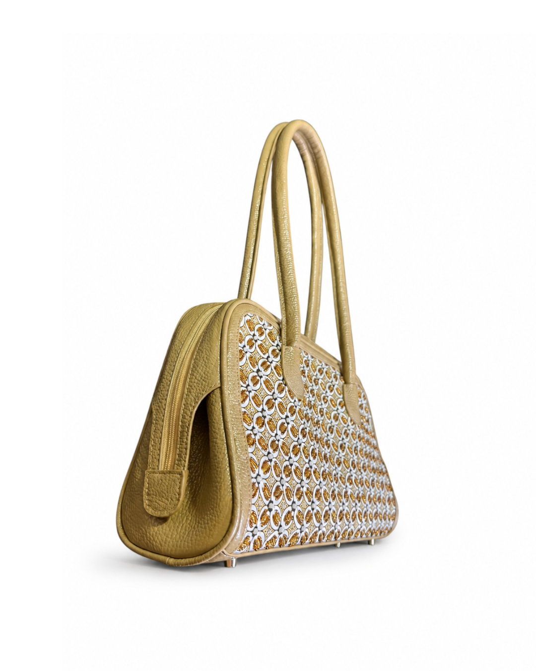 Beige Uniform Leather Boston Bag