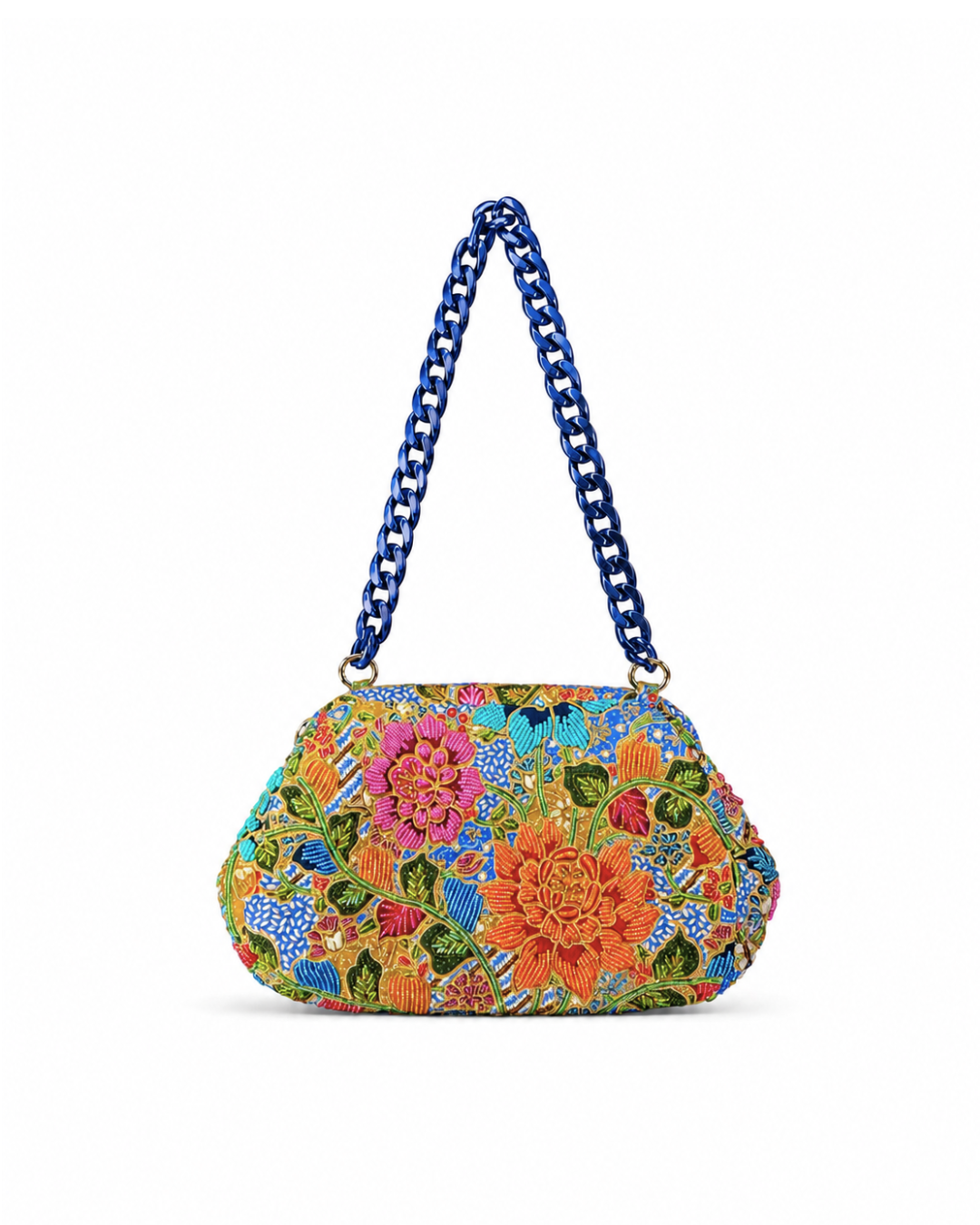 (SHBSRDB-BLU-PFORGPNK) Blue Small Round Doctor Bag Orange Pink Peony Flower