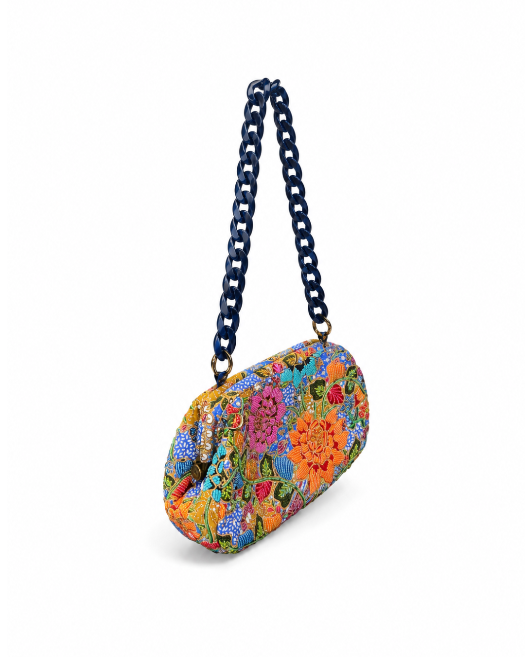 (SHBSRDB-BLU-PFORGPNK) Blue Small Round Doctor Bag Orange Pink Peony Flower