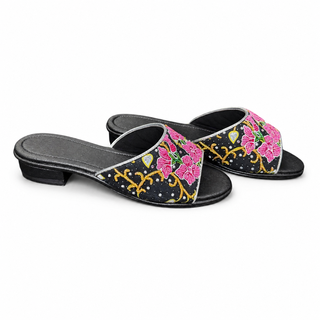 (FBLK-ORPNK) Black Flats - Pink Beaded Orchid