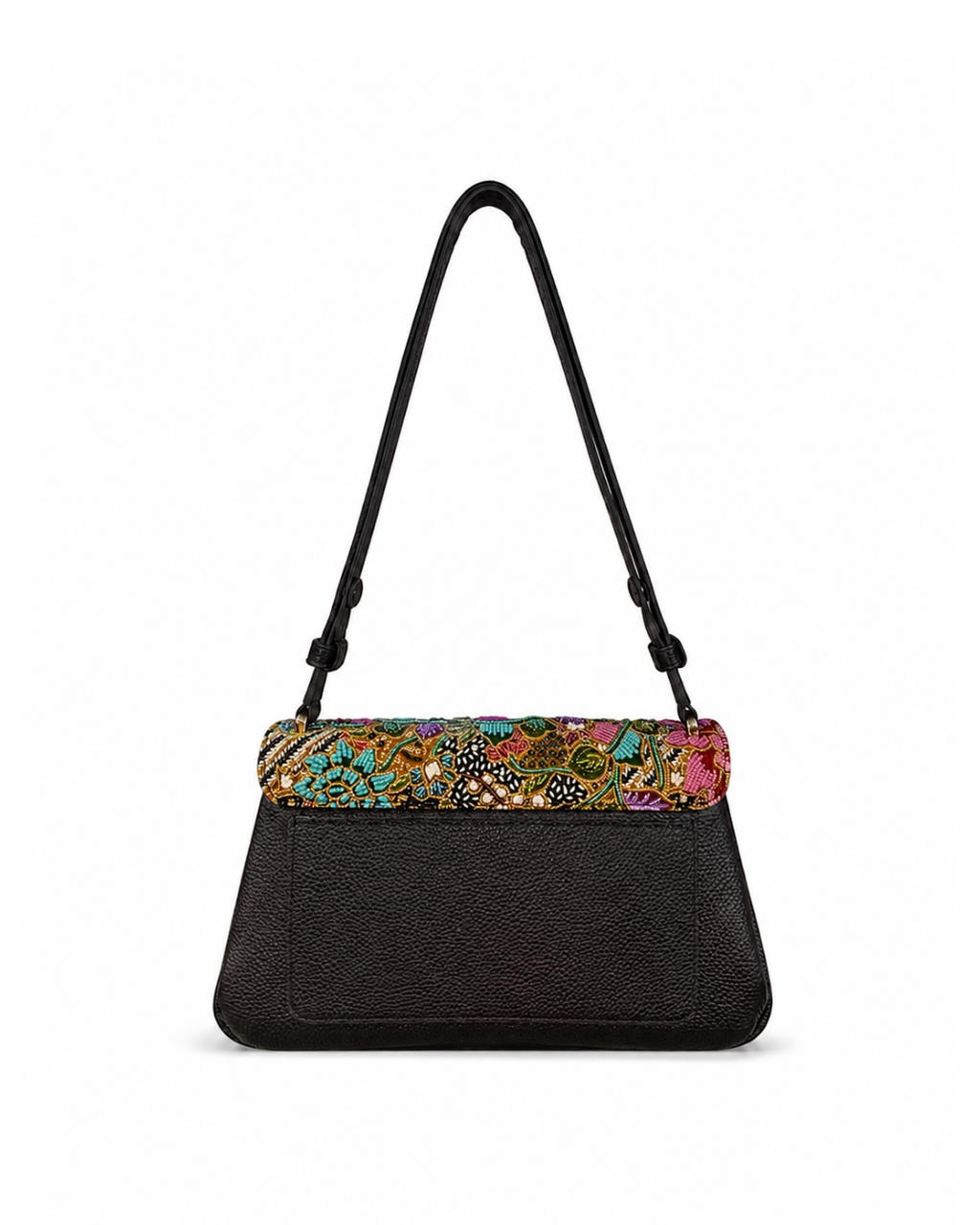 (CBLGB-PFTURPUR-BLK) Turquoise Purple Peony Flower Black Leather Gusset Shoulder & Crossbody Bag