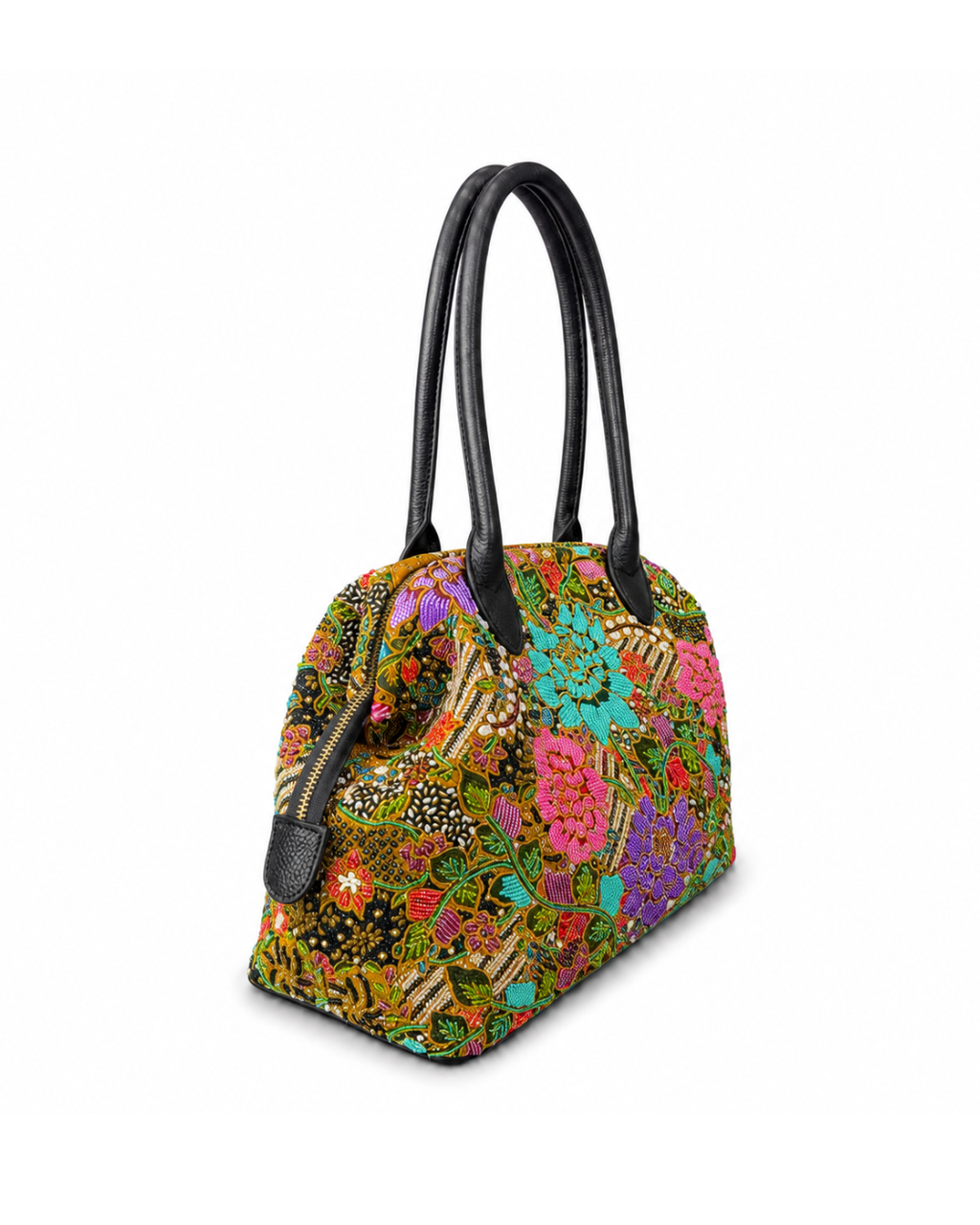 (SHBLDB-BLK-PF) Black Leather Doctor Bag Peony Flower