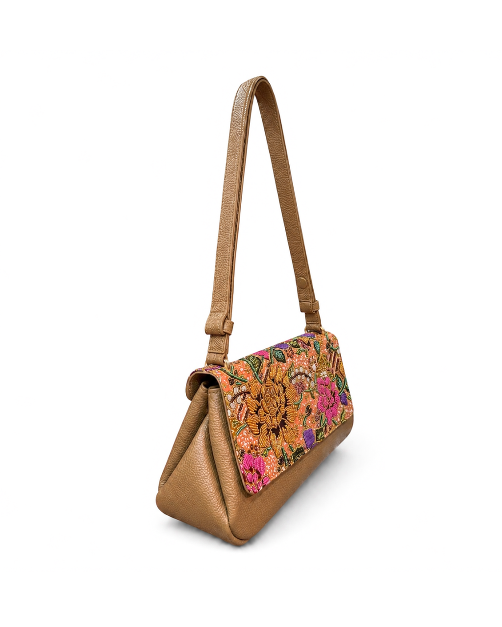 (CBLGB-PFYLWPNK-BEIPCH) Yellow Pink Peony Flower Beige Peach Leather Gusset Shoulder & Crossbody Bag